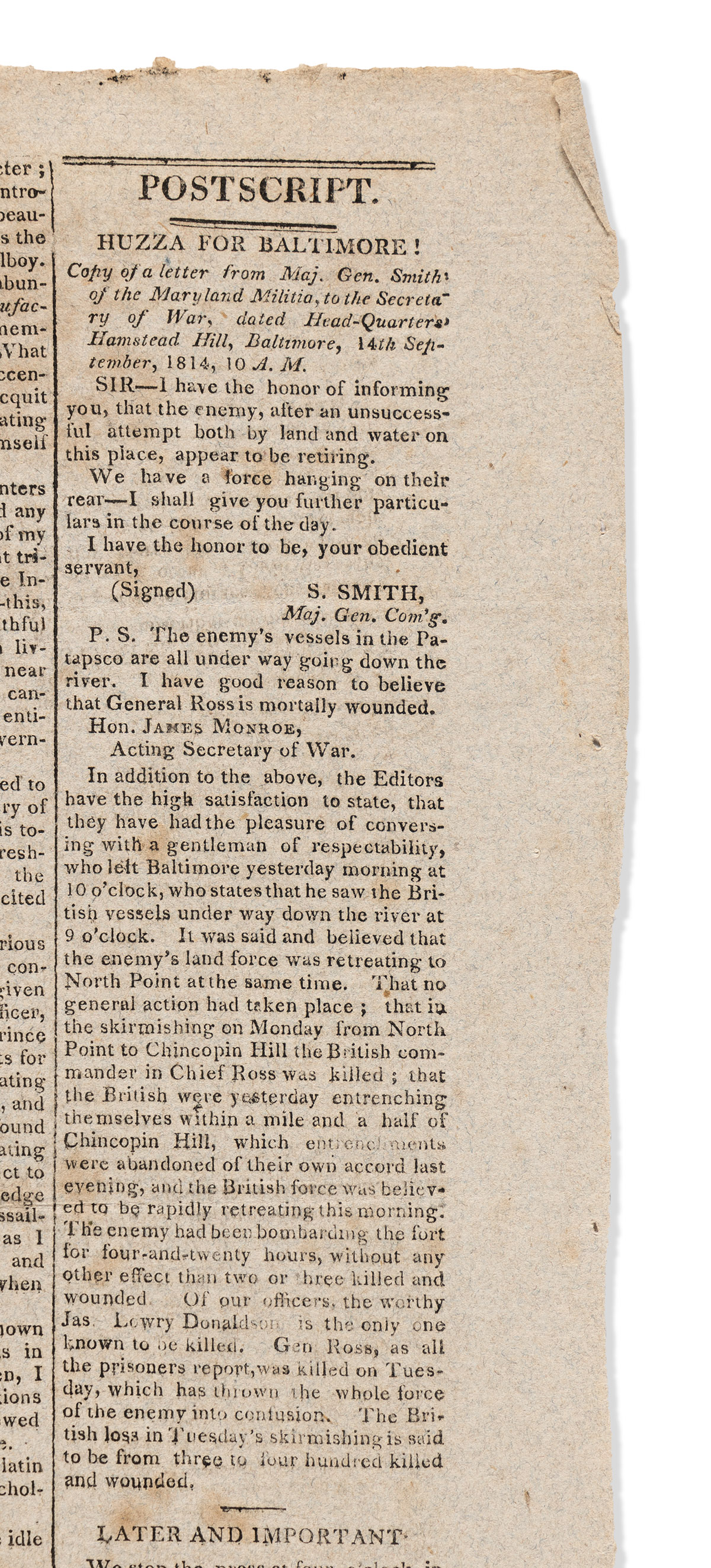 (WAR OF 1812.) Huzza for Baltimore!: 3 issues of the National Intelligencer on the nearby Battle of Baltimore.